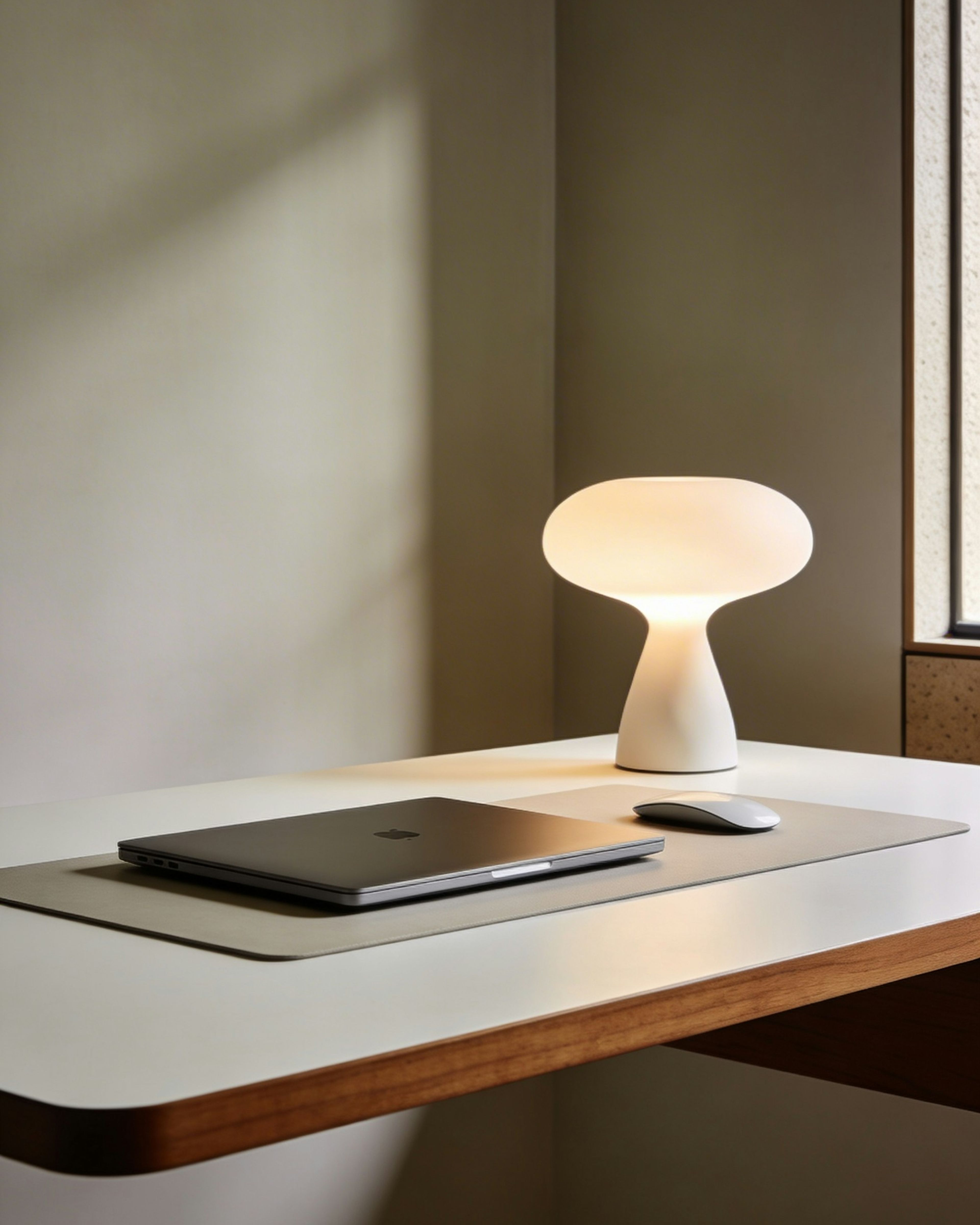 A desk lamp and laptop on a minimal wooden desk