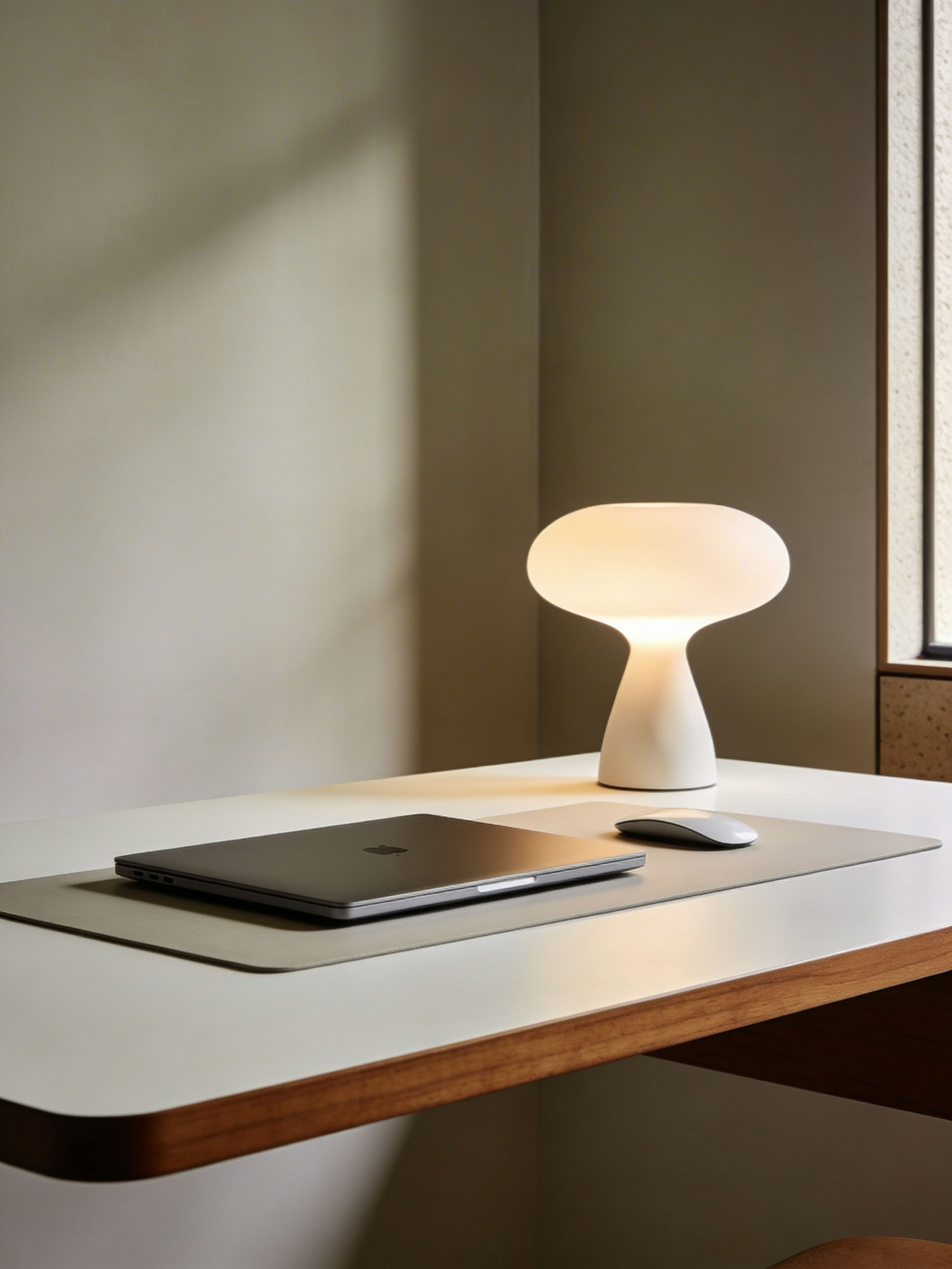 A mushroom lamp and laptop on a curved desk