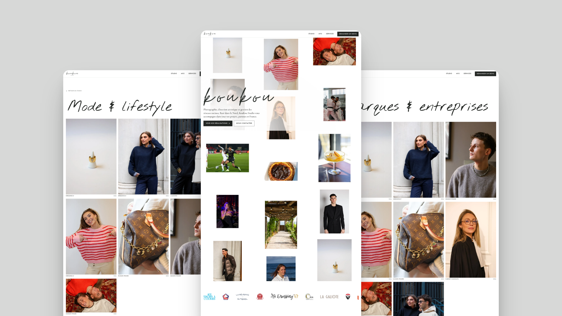 Trois pages du site Koukou Studio : accueil, galerie Mode & lifestyle et galerie Marques & entreprises