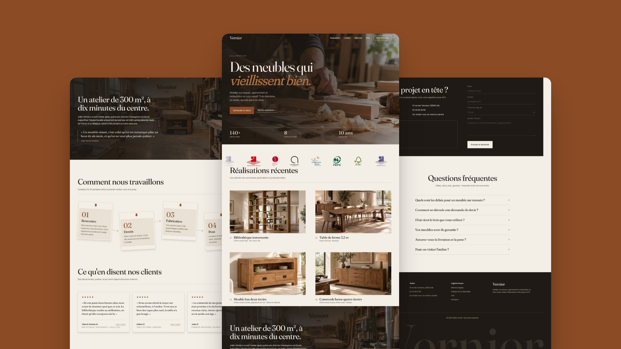 Trois pages du site Atelier Vernier : accueil, présentation de l’atelier et section contact