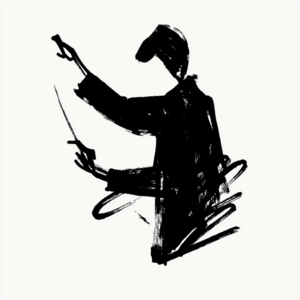 Black ink illustration of an orchestra conductor
