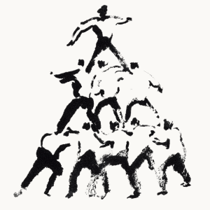 Black ink illustration of a pyramid of people