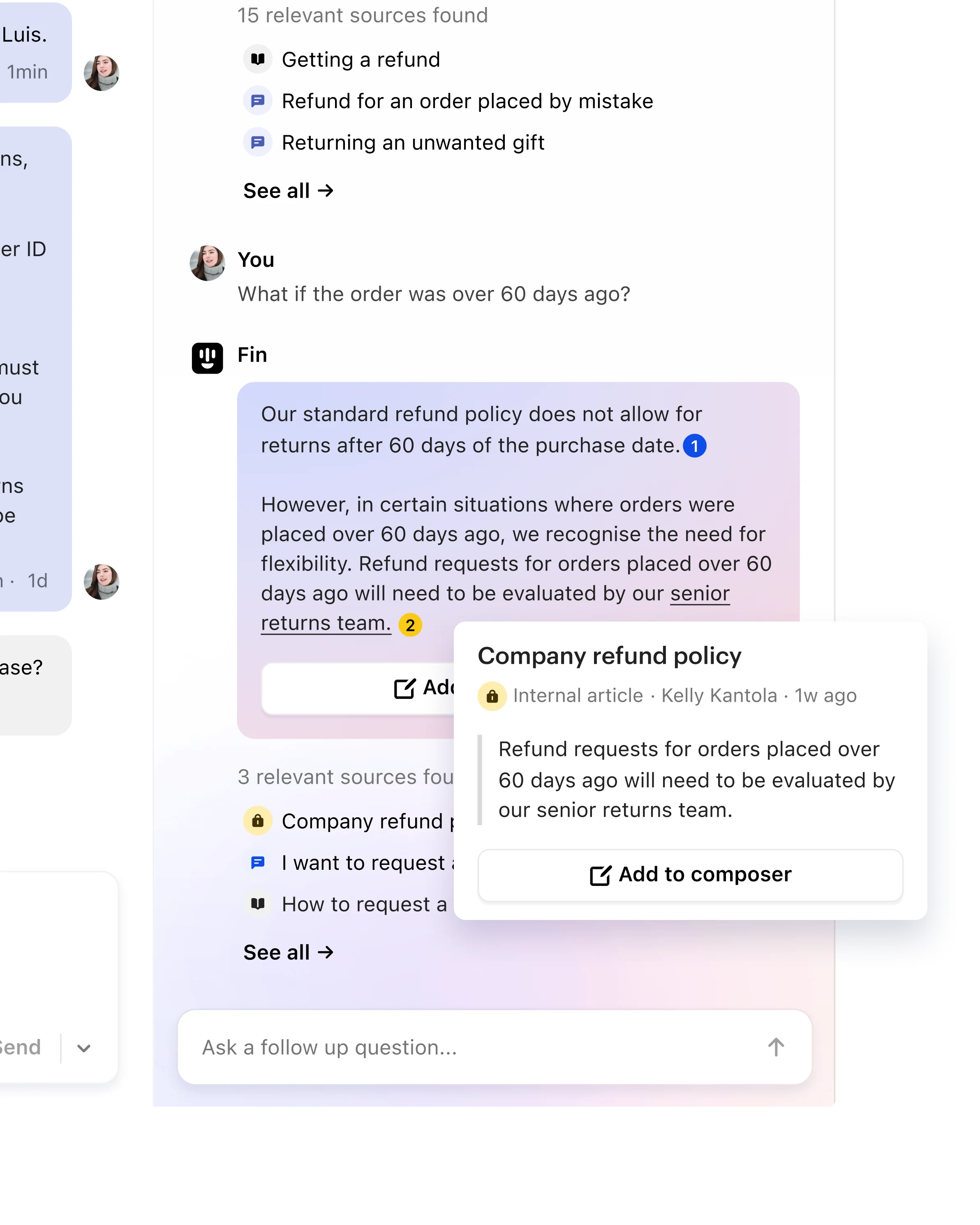 Intercom Inbox showing a Fin AI Agent conversation alongside customer details and helpdesk tools