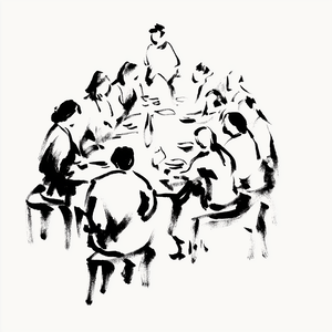 Black ink illustration of a group of people gathered around a table
