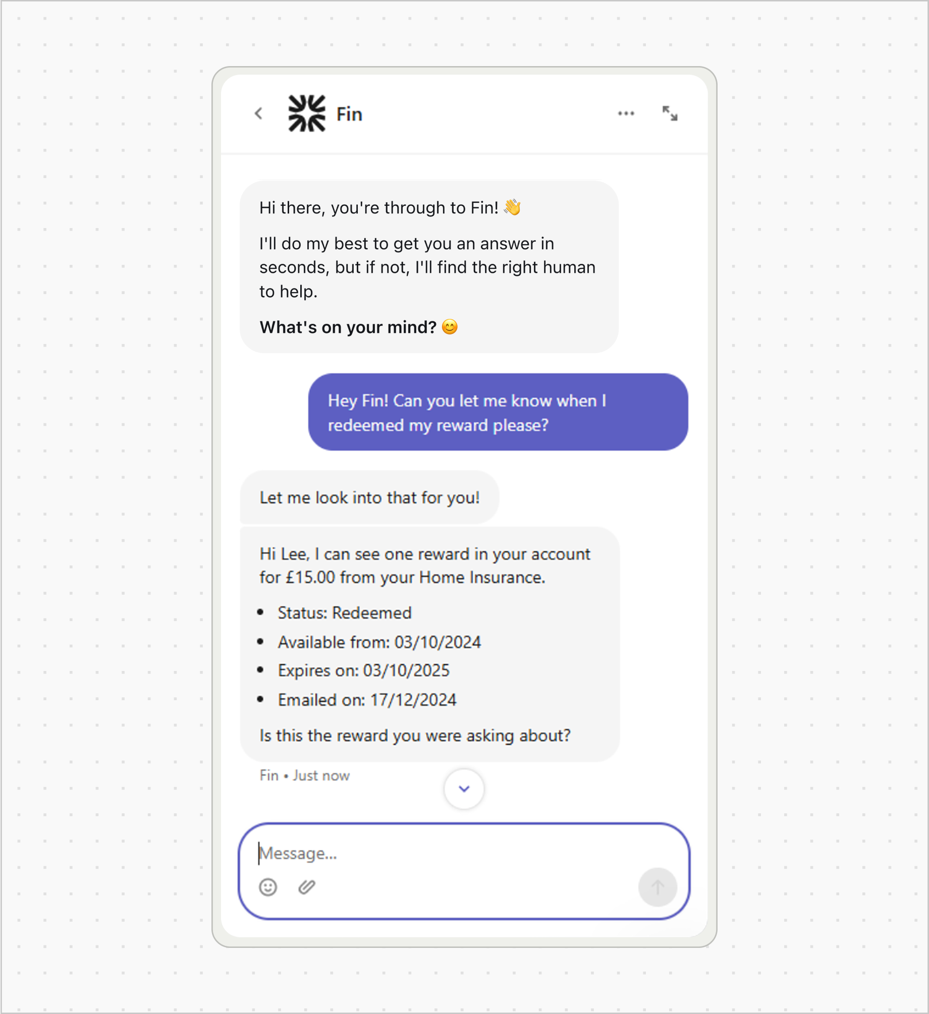 Sweo checks account data, interprets the result, and responds with personalized reward details instantly.