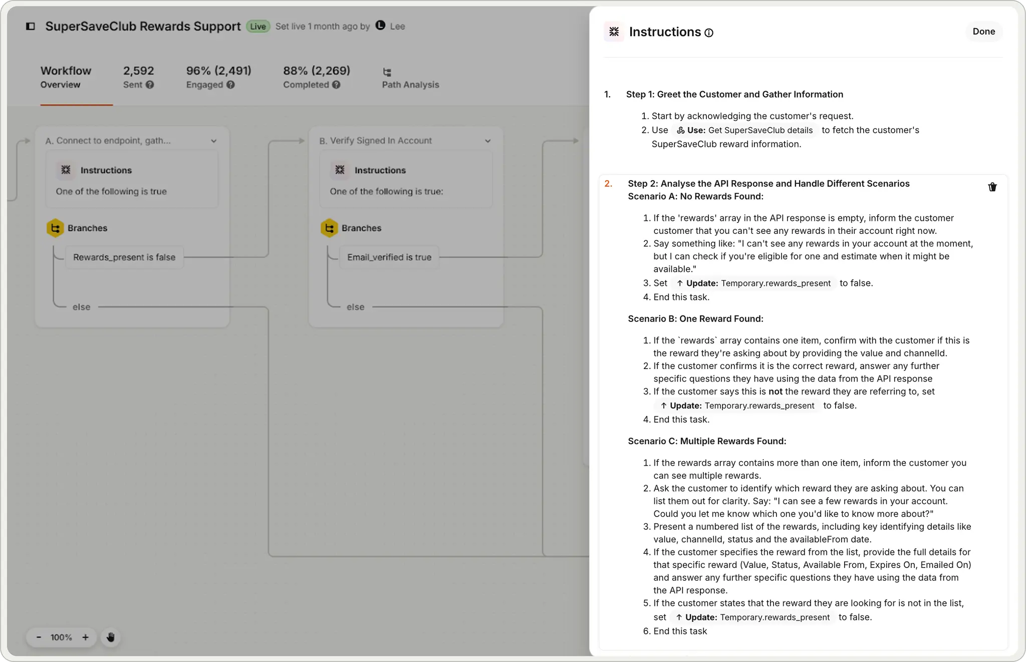Sweo follows natural-language instructions to fetch reward details and tailor replies.