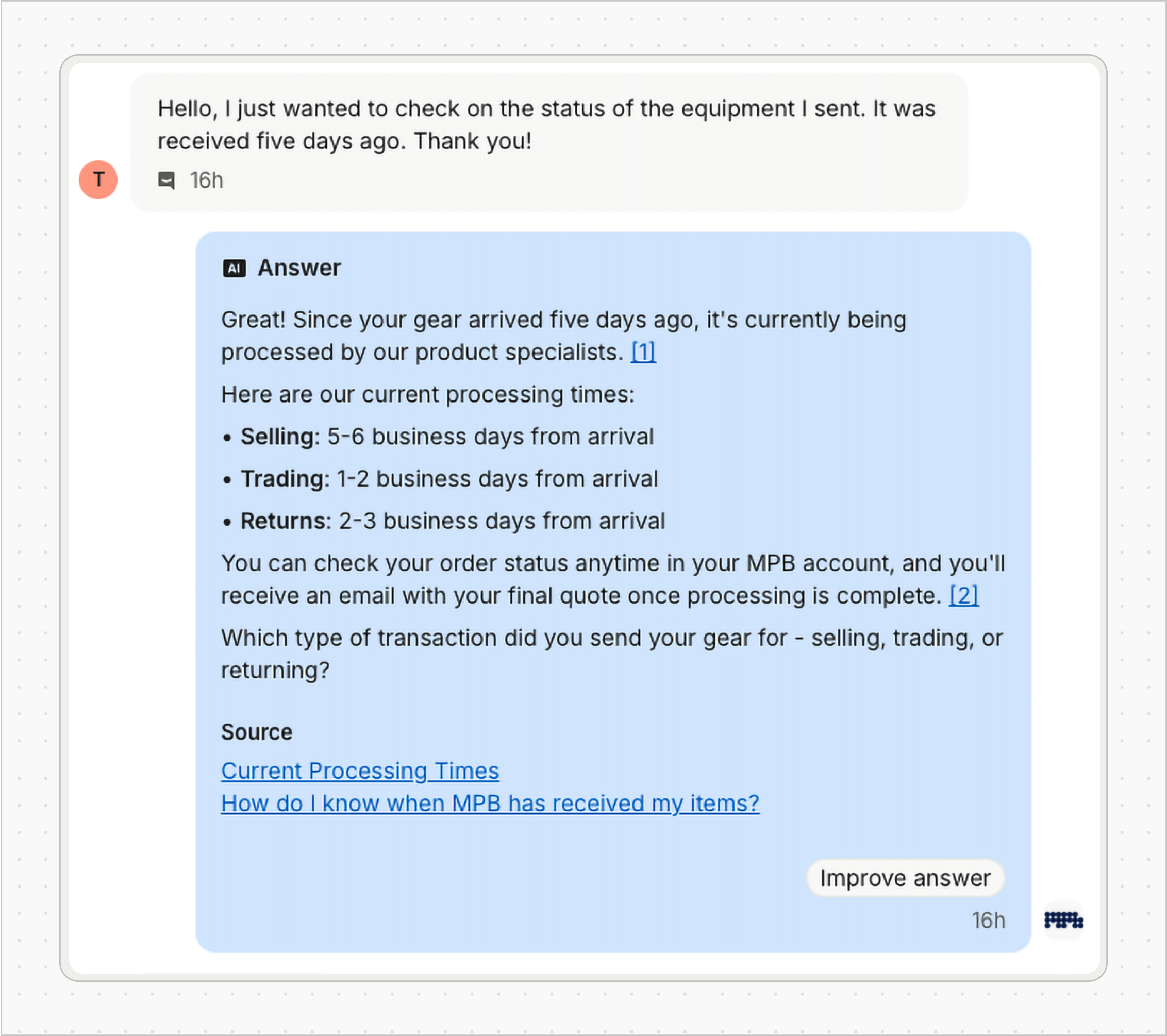 Sweo provides a personalized response to a seller query.