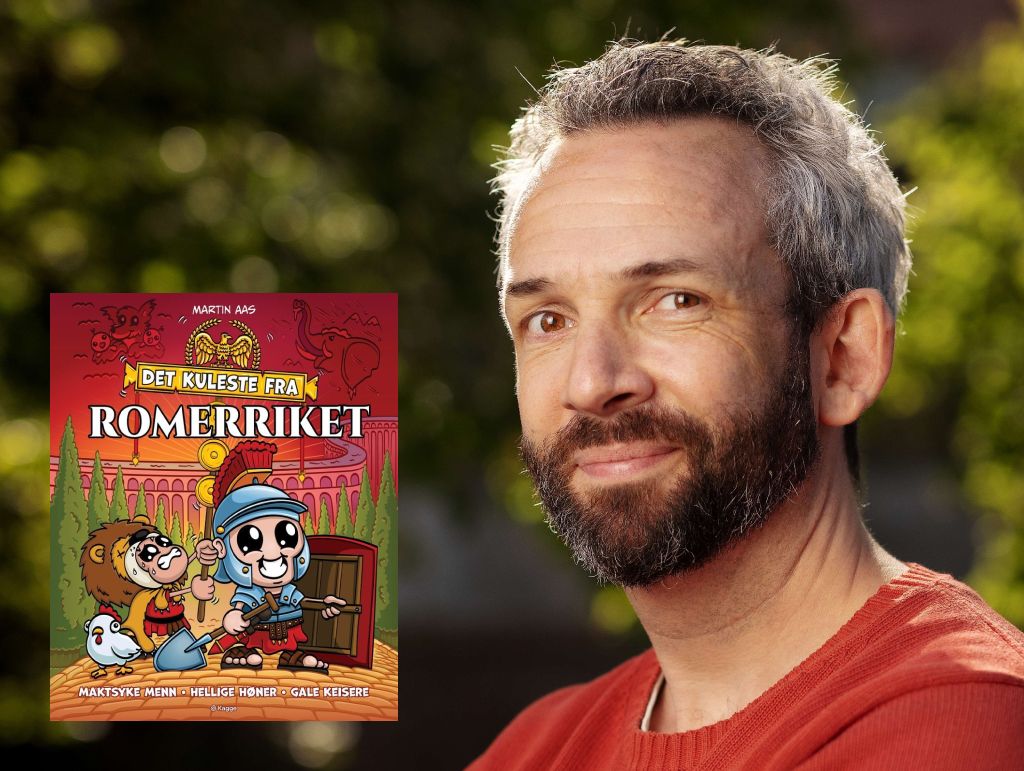 Portrett av Martin Aas og omslag av boka Det kuleste fra Romerriket