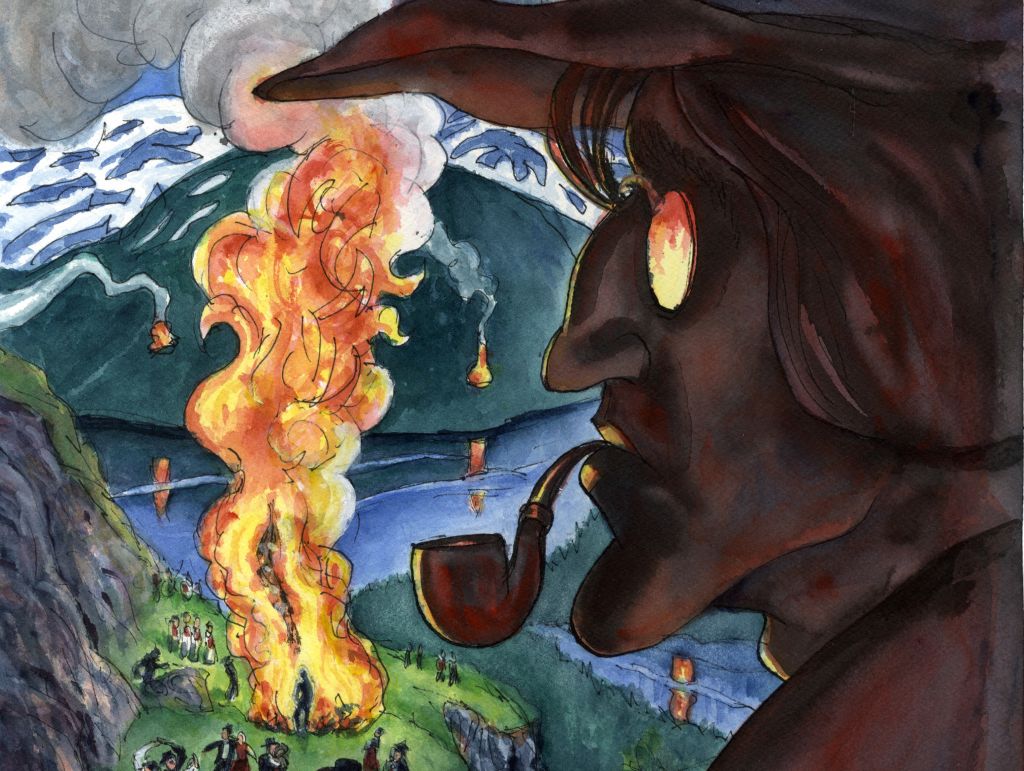 Illustrasjon av Nikolai Astrup i profil foran et sankthansbål