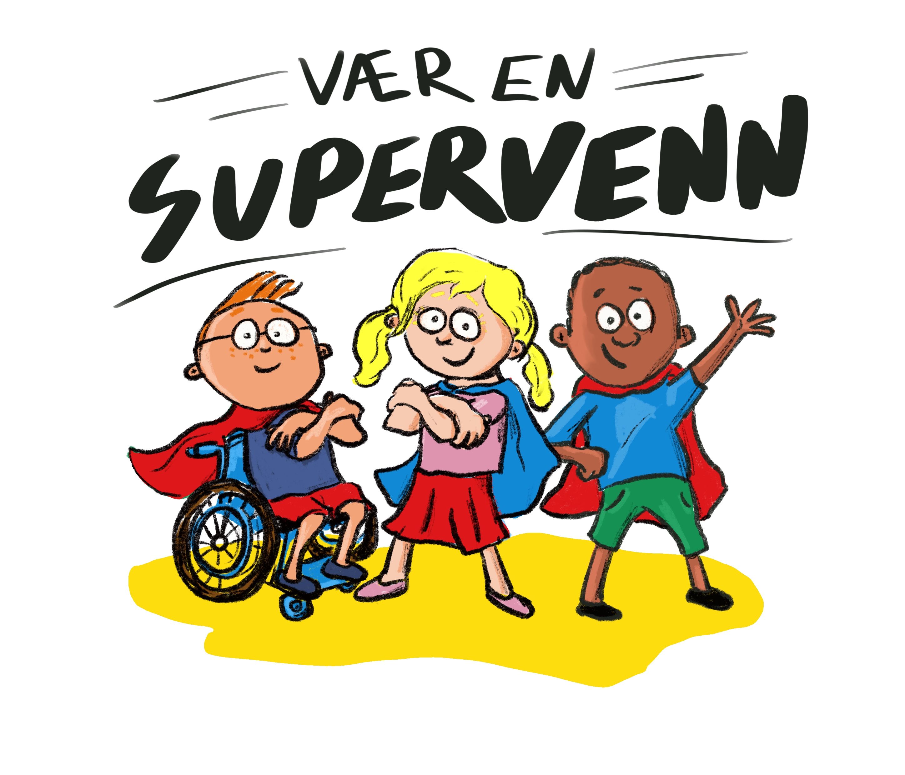 Illustrasjon av tre barn i superheltkapper