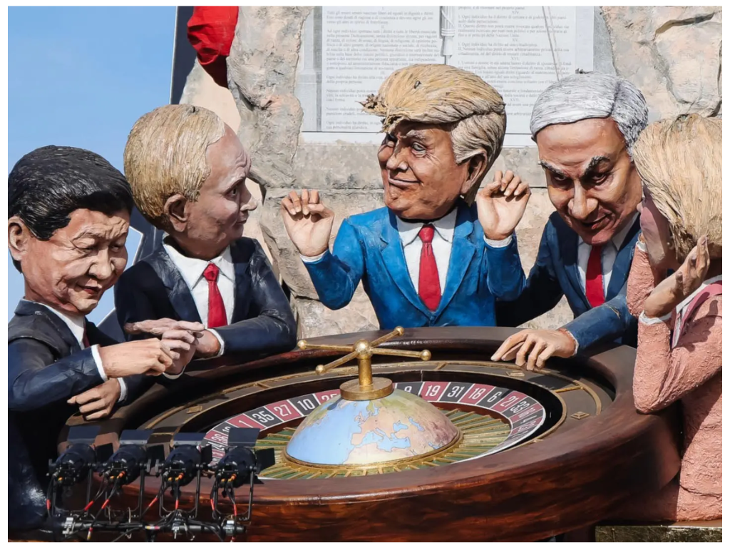 Bildet viser karikaturer av verdens statsledere rundt et rulettbord