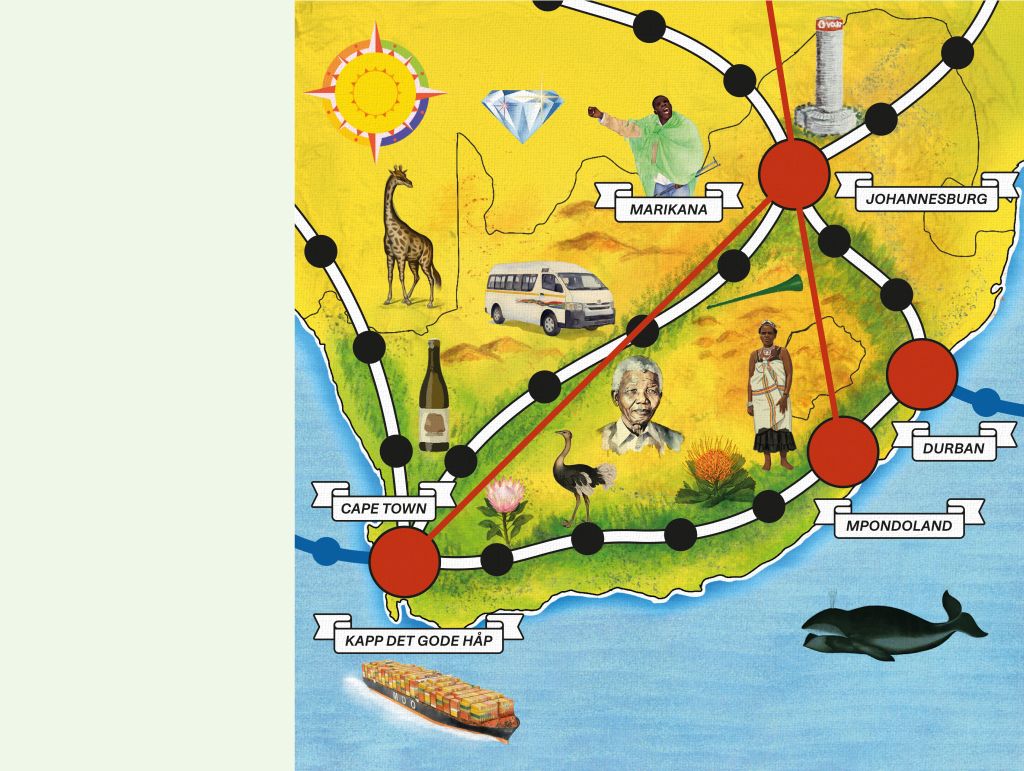 Illustrasjon av det sørlige Afrikas kart, i samme stil som spillet "den forsvunne diamant"