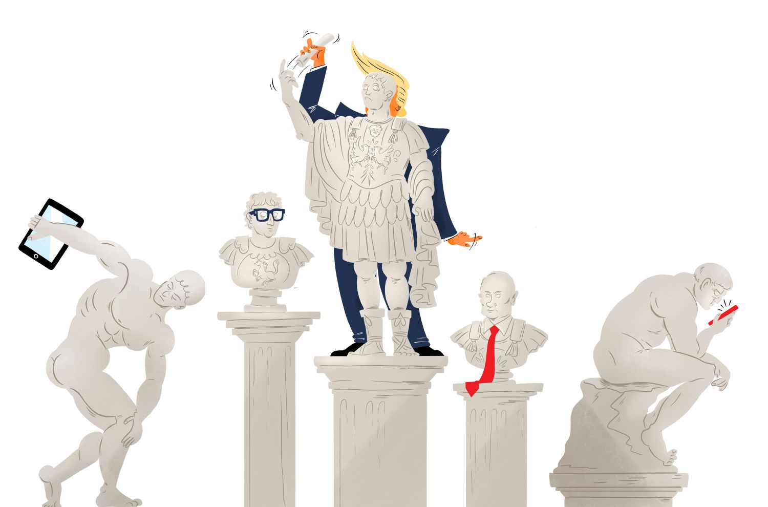 Illustrasjoner av romerske og greske statuer som symboliserer moderne utfordringer og ledere