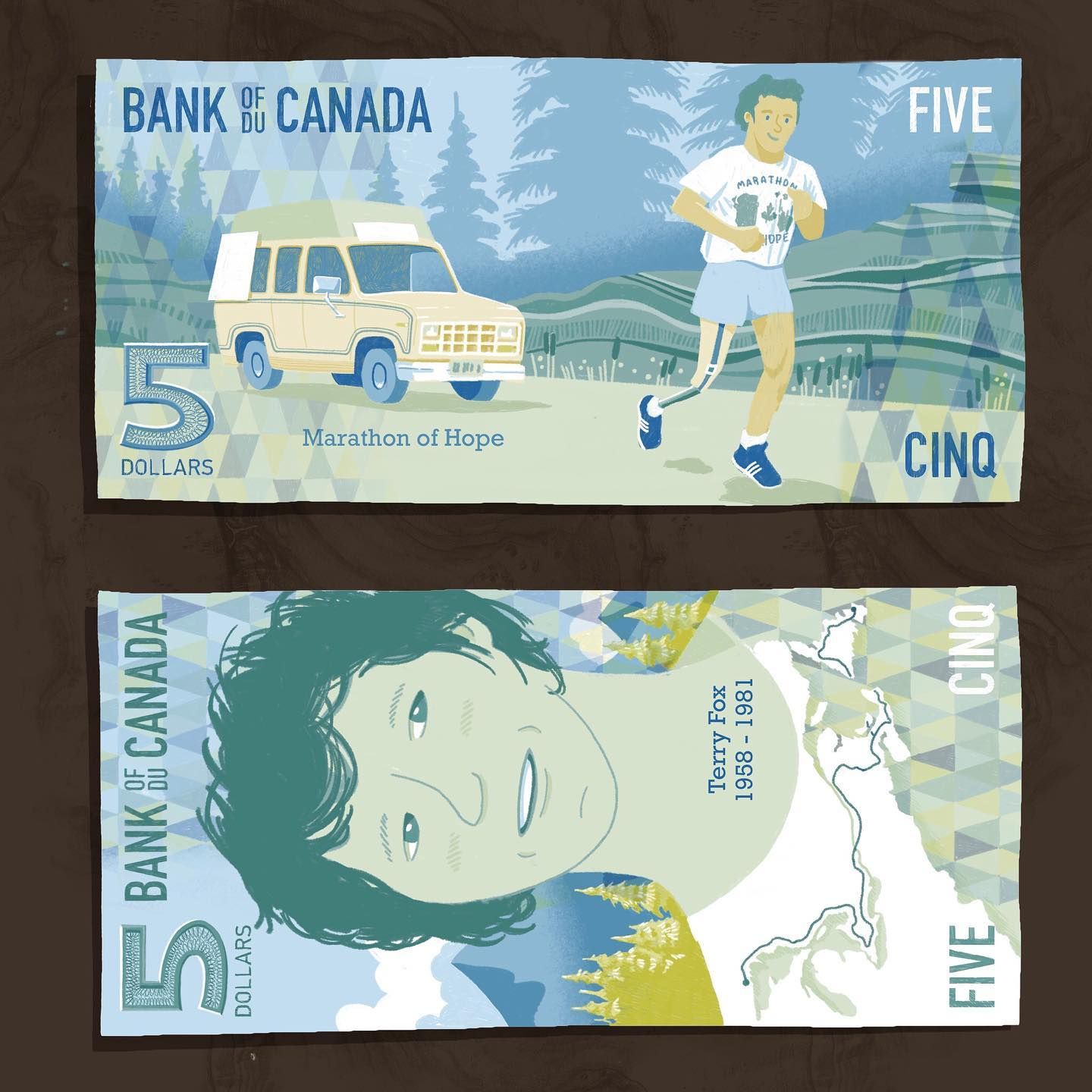 Terry Fox $5 bank note by Paul Dotey