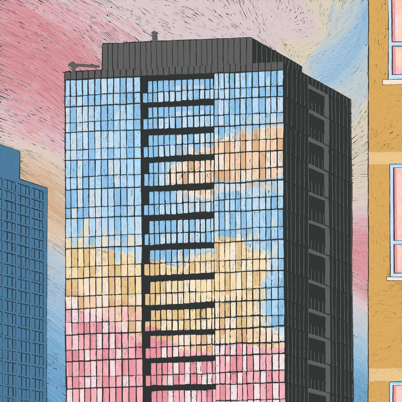 sunset on a jarvis street condiminium, illustration, toronto