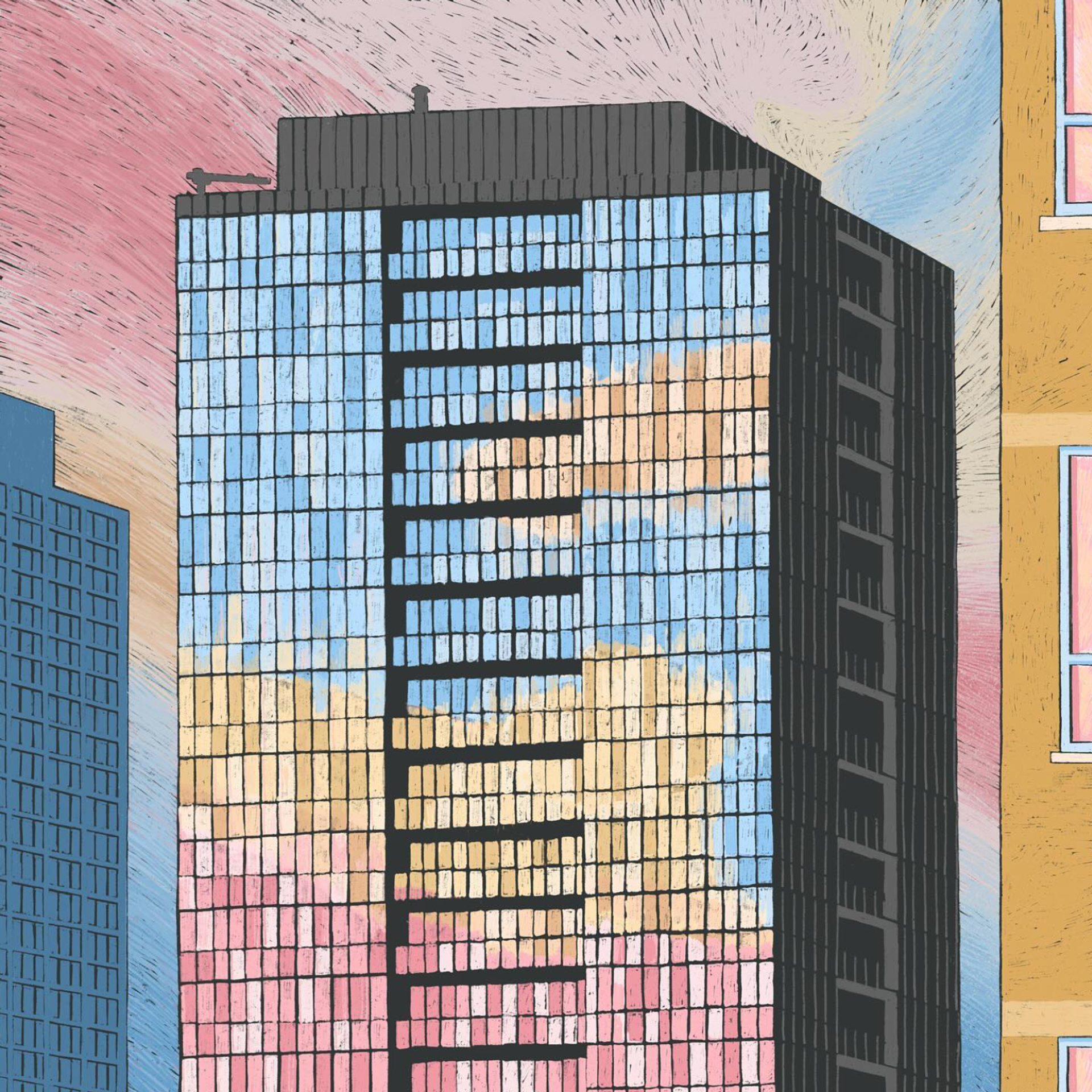 sunset on a jarvis street condiminium, illustration, toronto