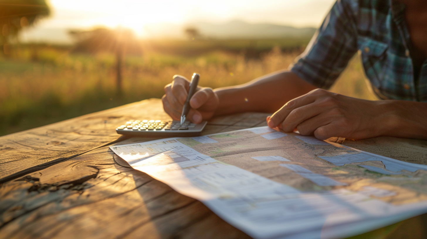Close-up of hands reviewing rural land purchase agreement with property map beside it, calculator and pen on rustic wooden outdoor table, blurred open land in background, natural sunlight, calm documentary style, realistic textures, no corporate office, subtle cinematic look, editorial real estate photography