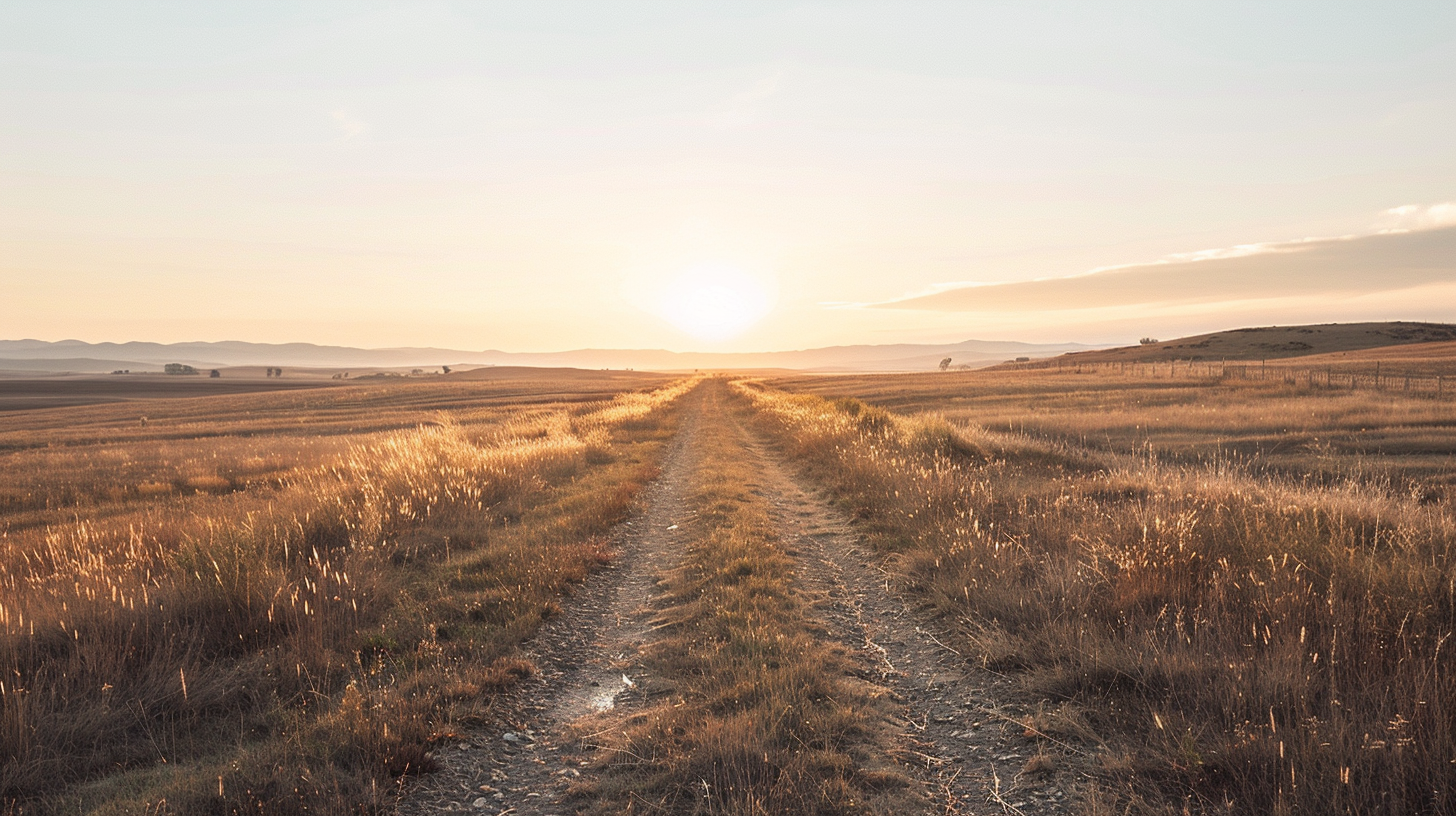 Wide view of open rural land with a dirt road leading toward the horizon at sunrise, illustrating freedom and opportunity for first-time land buyers.
