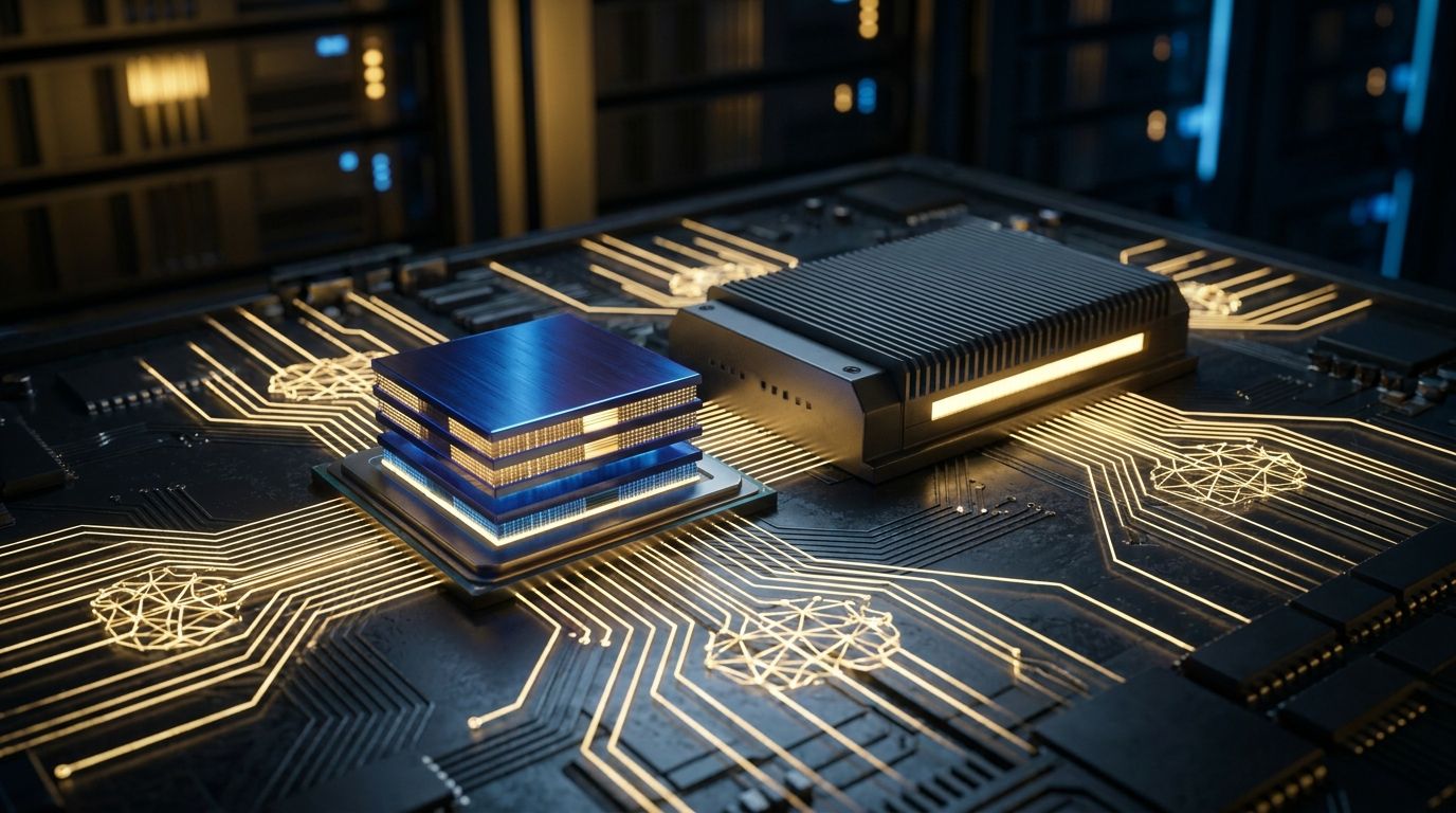 HBM 스택 메모리와 GPU 프로세서를 데이터 흐름선으로 연결한 일러스트