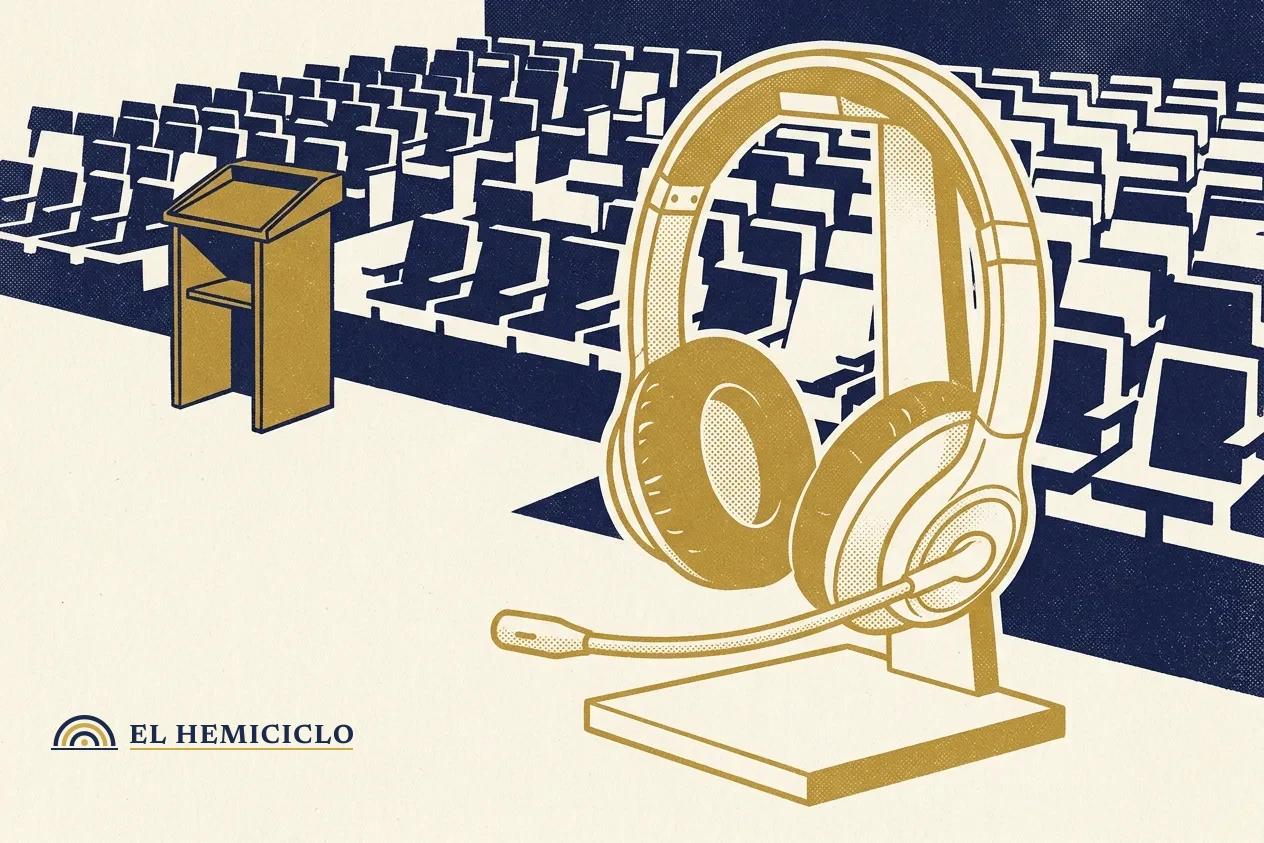 Ilustración de El Hemiciclo · el auricular de atención al cliente y el auditorio vacío
