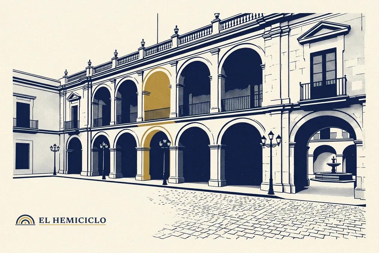 Ilustración de El Hemiciclo · la fachada en calma del Palacio de Gobierno de Cuernavaca