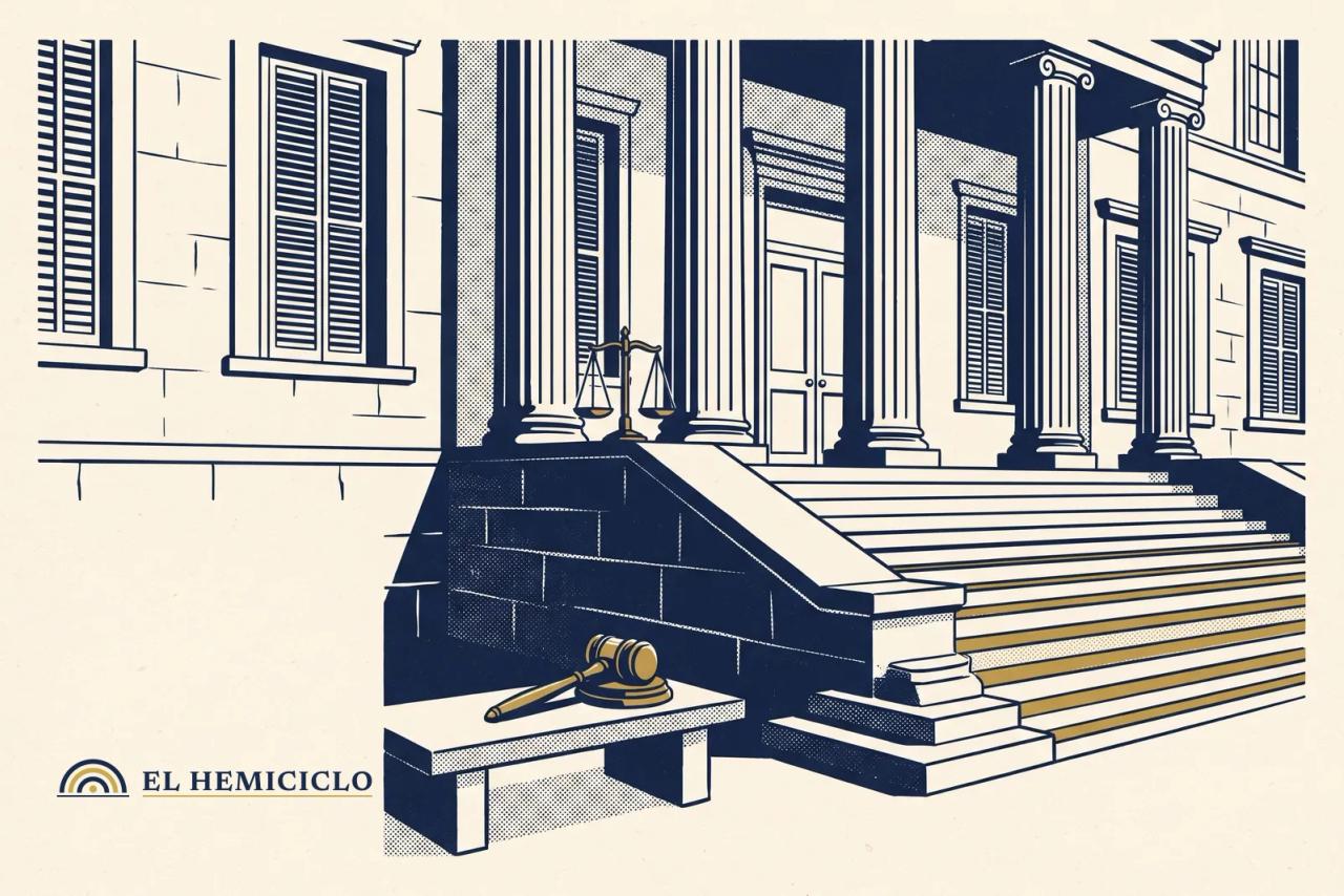 Ilustración de El Hemiciclo · la fachada del palacio de justicia de Vitoria en calma