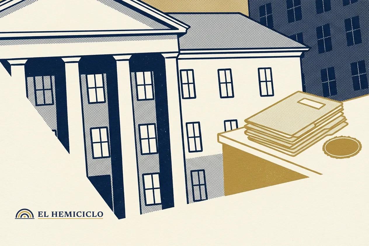 Ilustración de El Hemiciclo · la fachada del hospital y los expedientes entregados