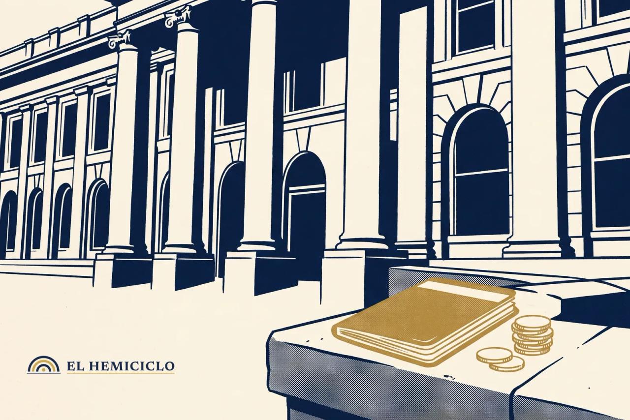 Ilustración de El Hemiciclo · la fachada del tribunal y la cartilla bancaria cerrada