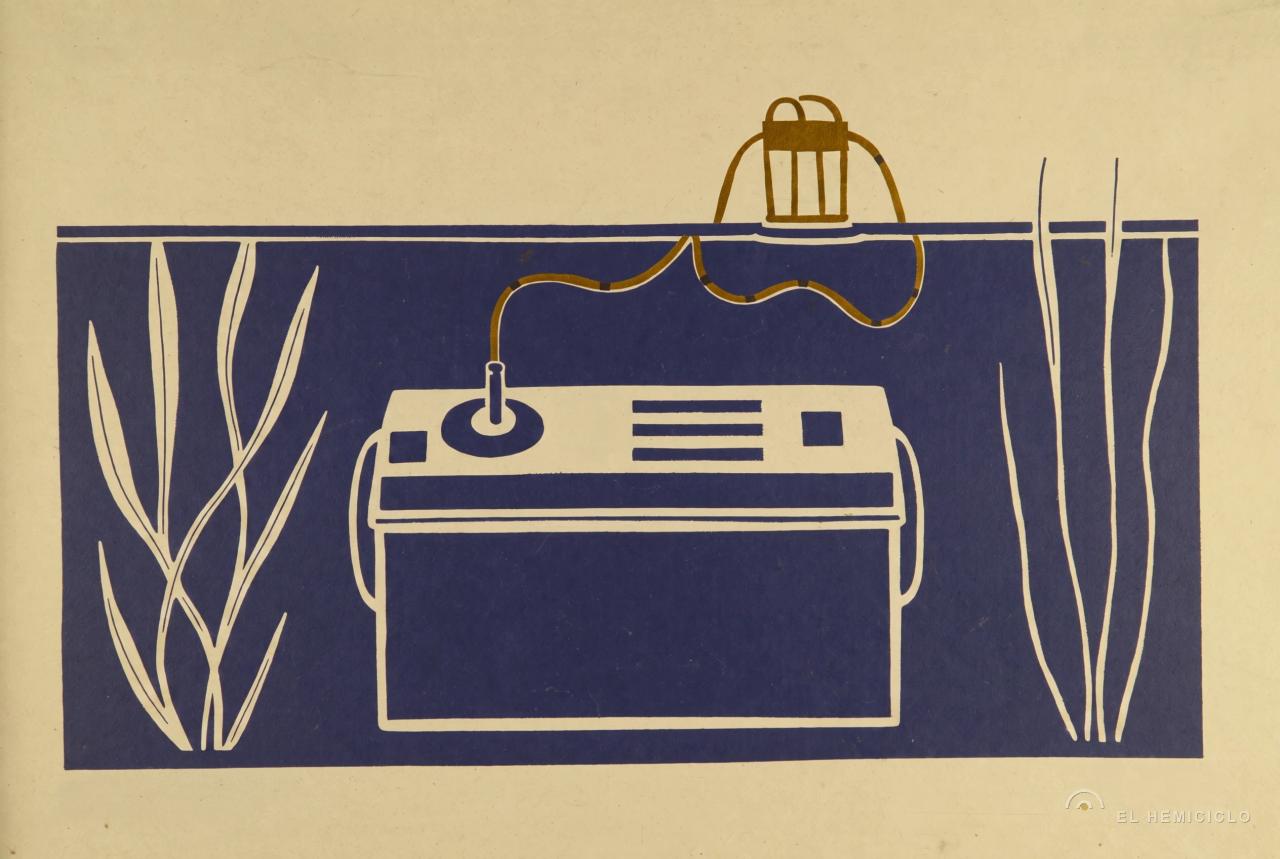 Ilustración art déco de una máquina de escribir sobre escritorio con lámpara, plantas y cortinas azul oscuro y beige