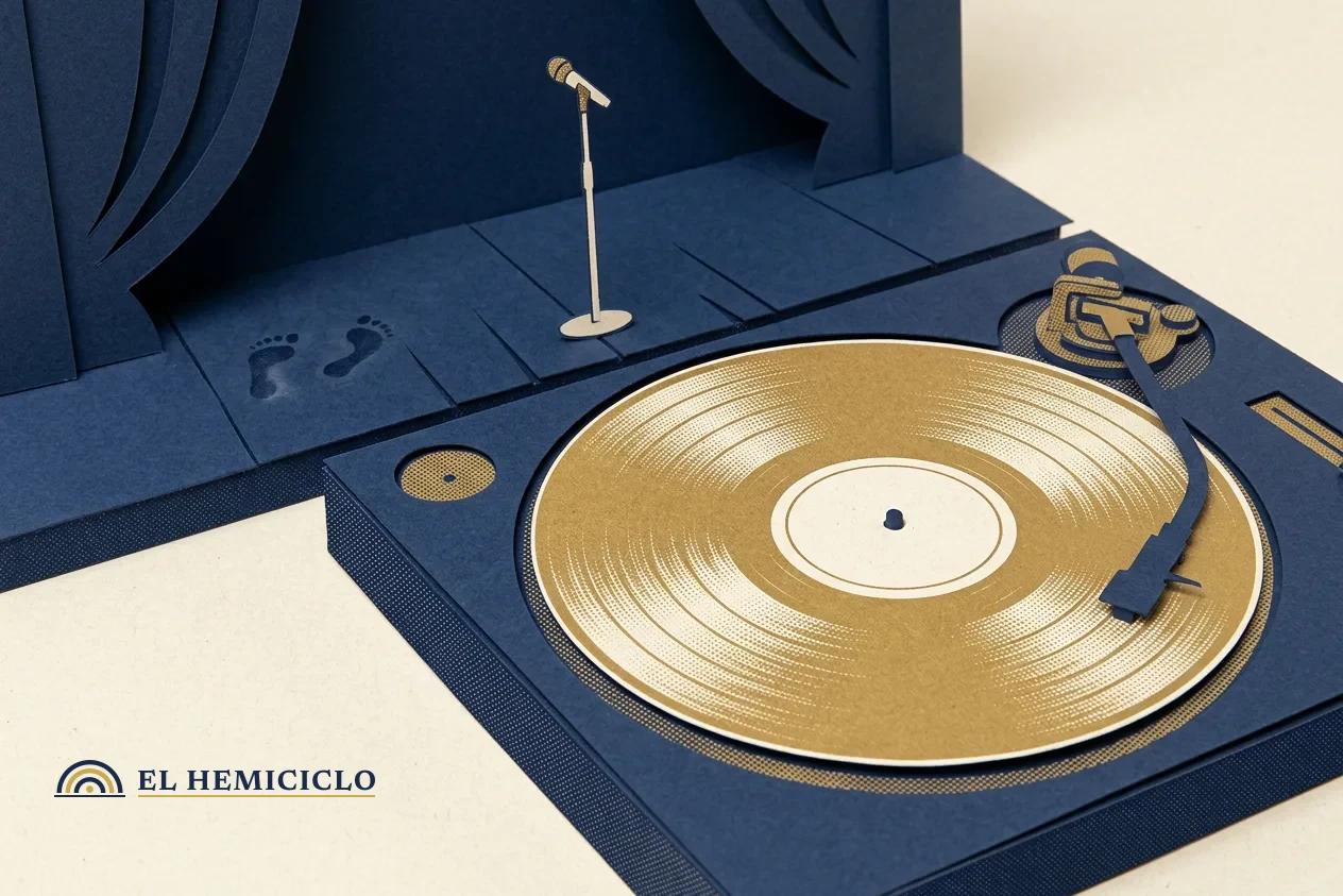 Ilustración de El Hemiciclo · el disco de 'Antología' y el escenario vacío