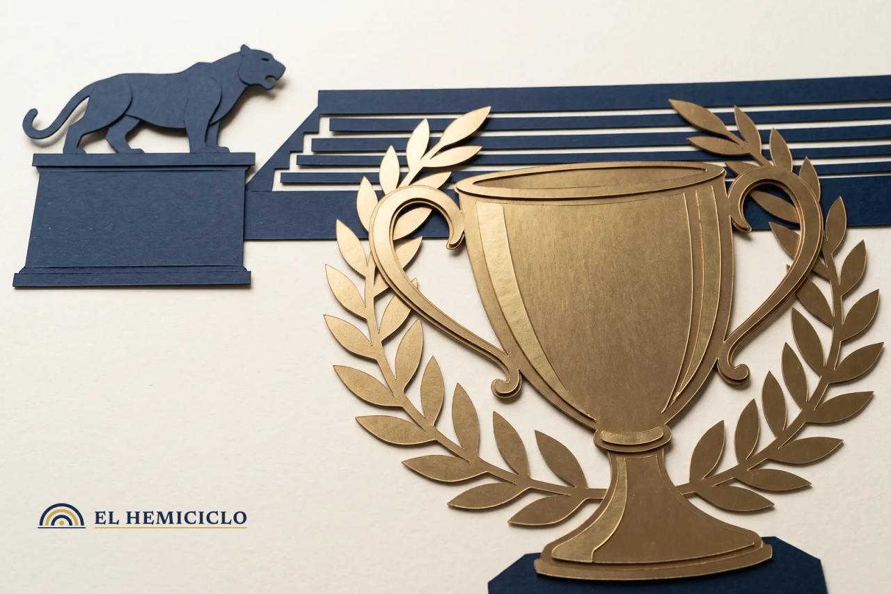 Ilustración de El Hemiciclo · el trofeo de homenaje y la estatua del puma universitario