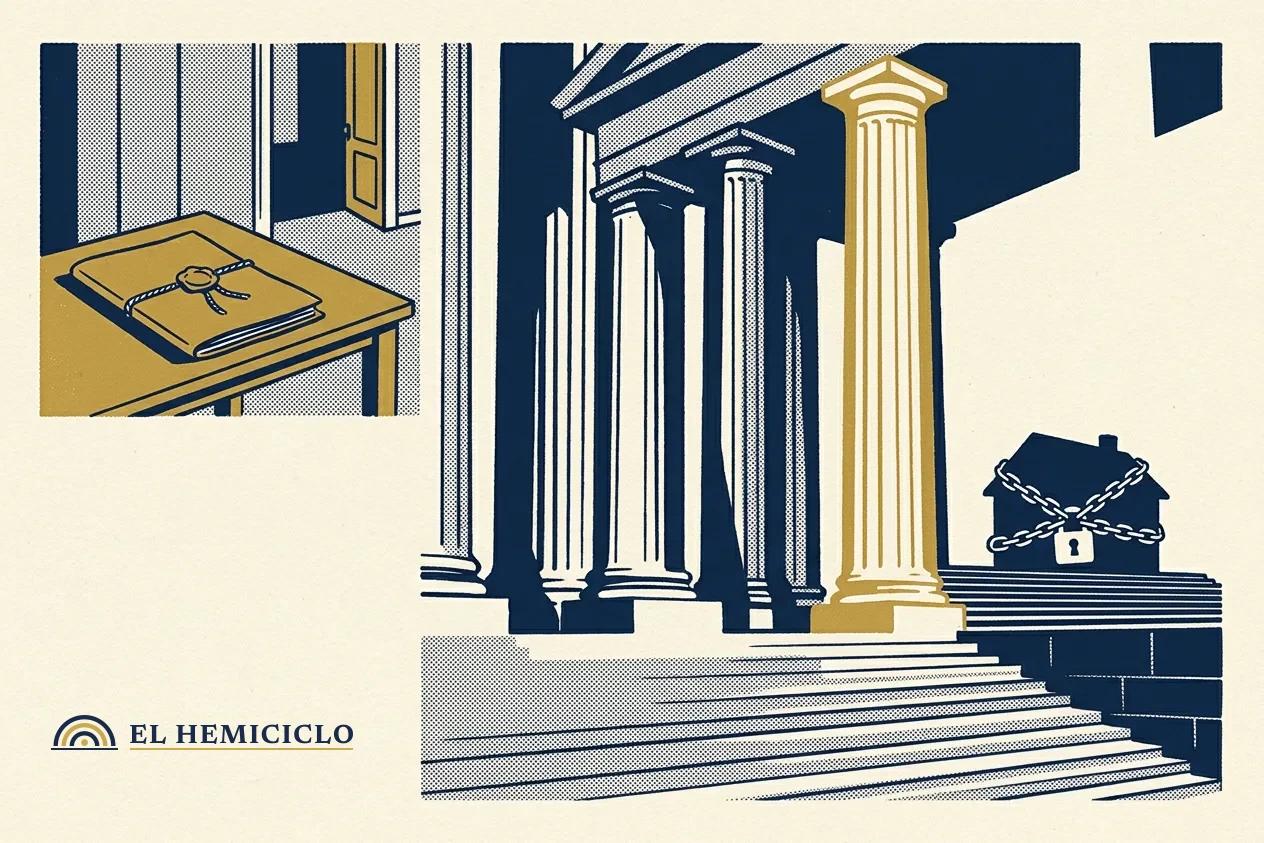 Ilustración de El Hemiciclo · la fachada de la CSJ y el expediente del amparo