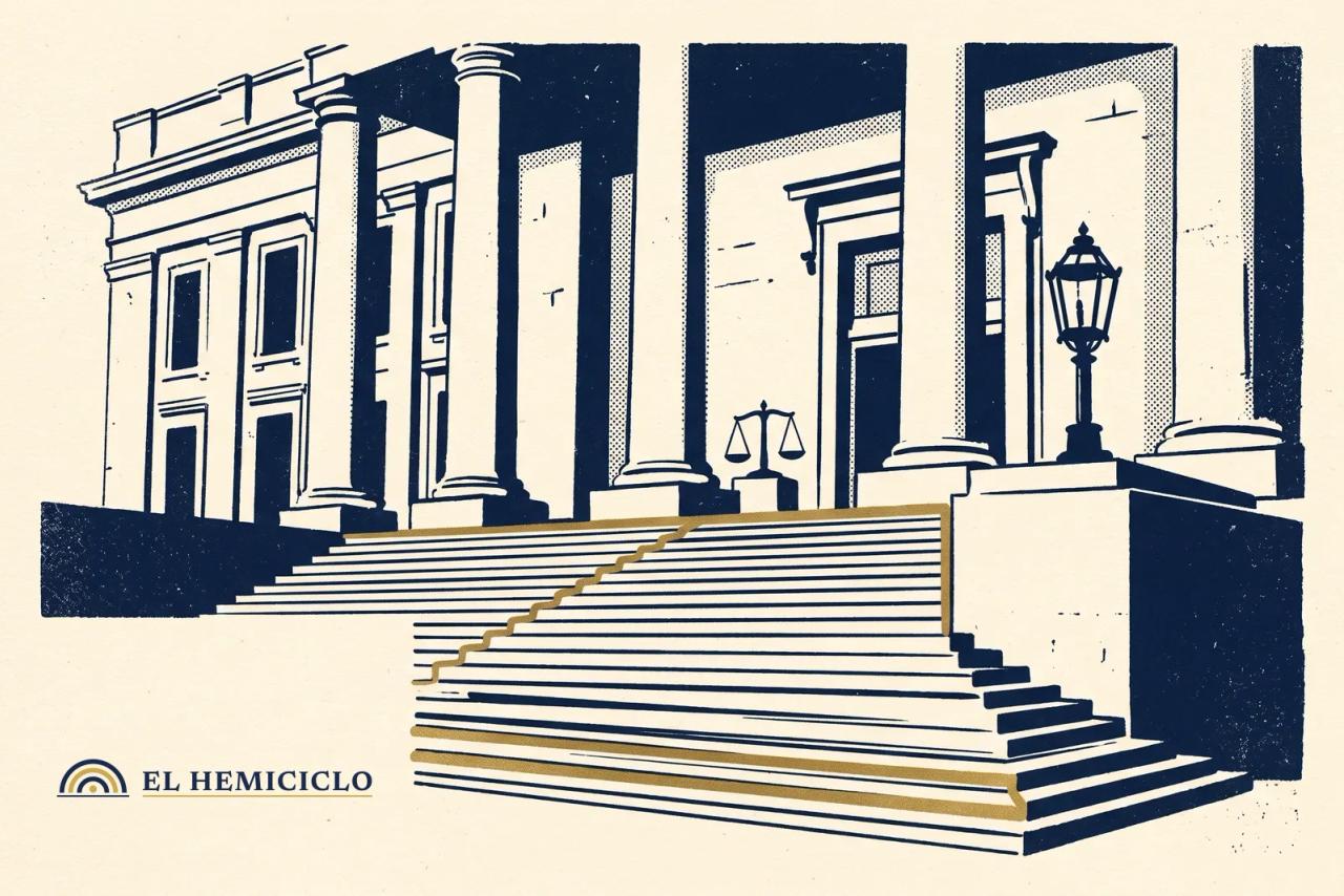 Ilustración de El Hemiciclo · la fachada quieta del Palacio de Justicia