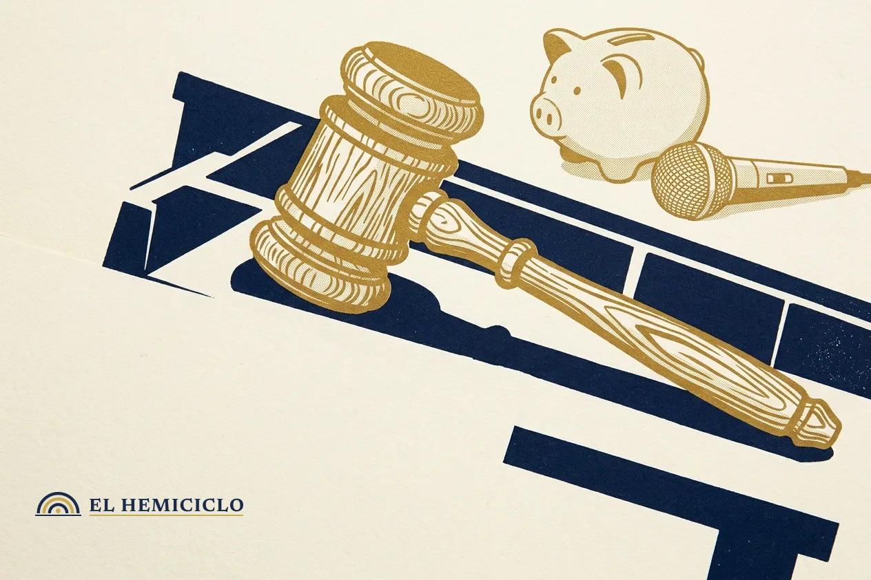 Ilustración de El Hemiciclo · el mazo judicial y la hucha de la manutención