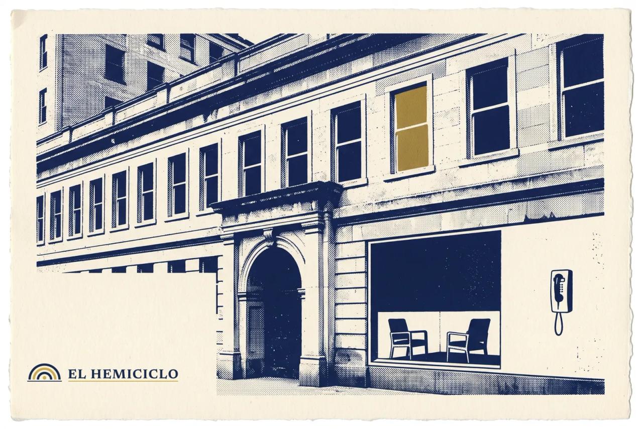 Ilustración de El Hemiciclo · la fachada del hospital y dos sillas de la conversación