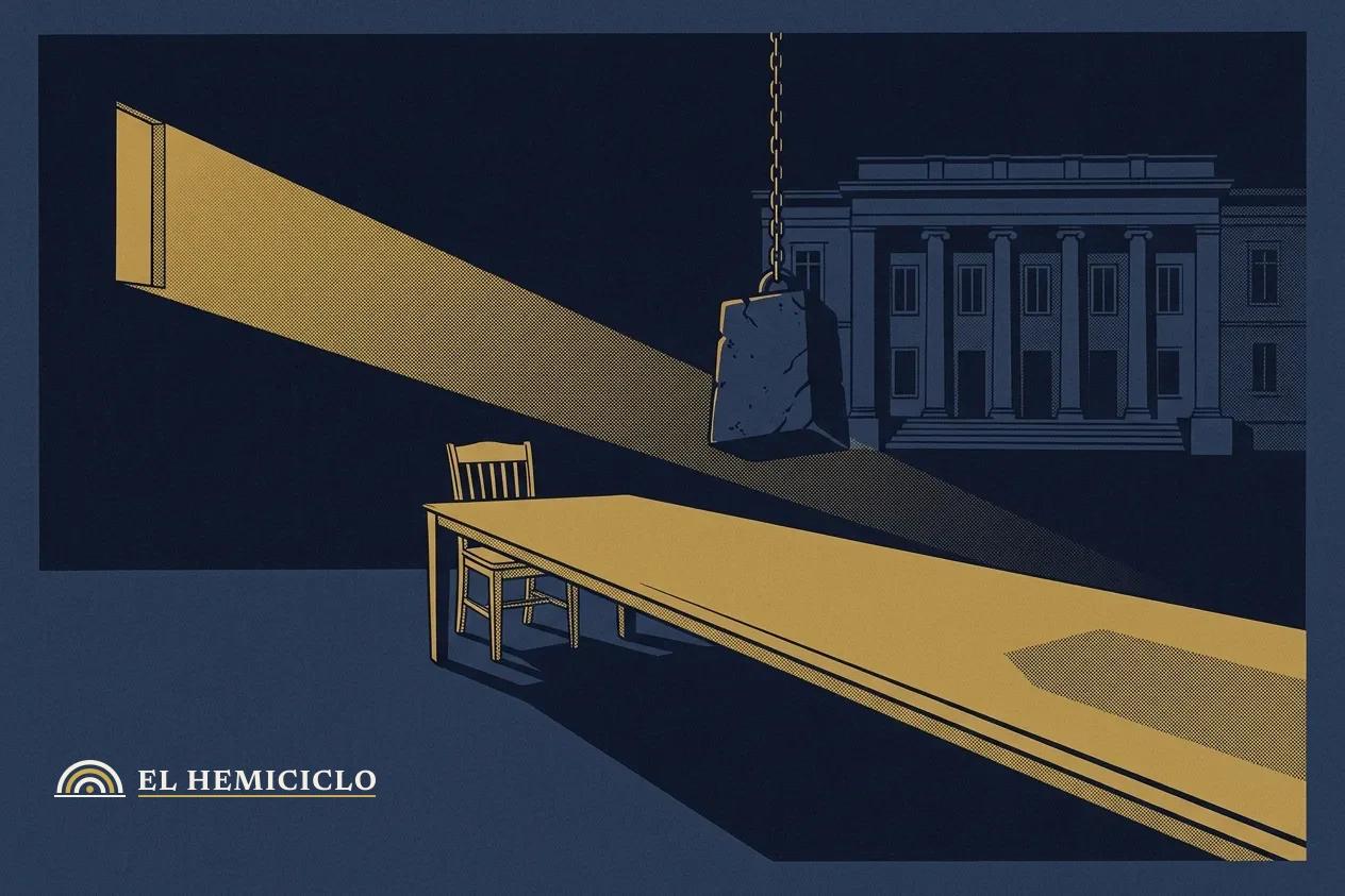 Ilustración de El Hemiciclo · la mesa de juntas vacía y el contrapeso de la intervención