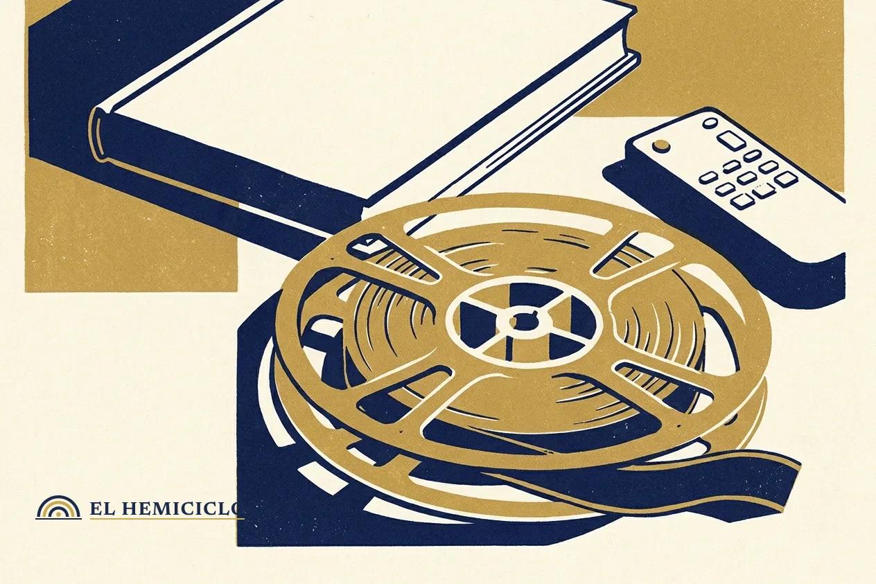 Ilustración de El Hemiciclo · el carrete del documental y el mando de streaming