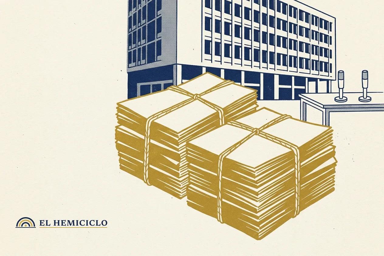 Ilustración de El Hemiciclo · la pila de billetes de las primas de antigüedad frente
