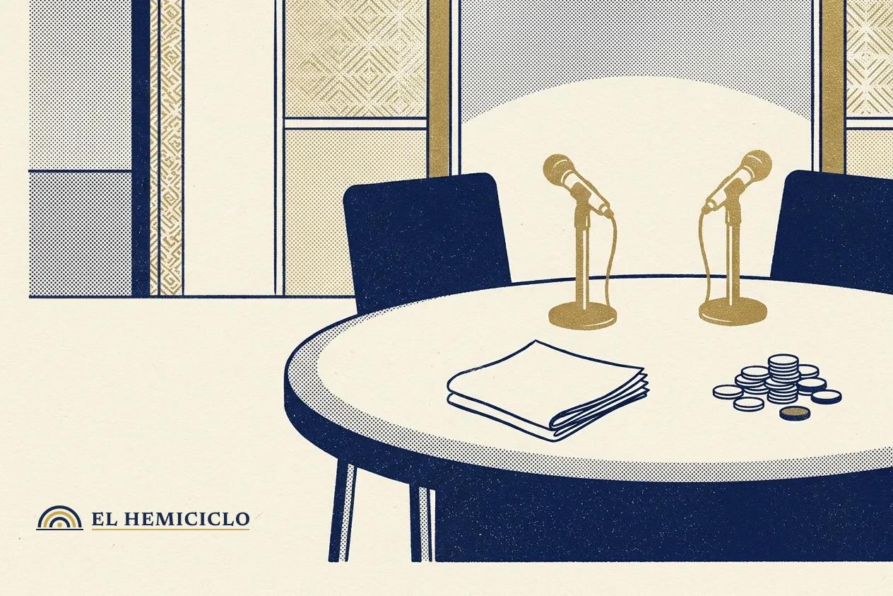 Ilustración de El Hemiciclo · la mesa de entrevista vacía con micrófonos y periódico