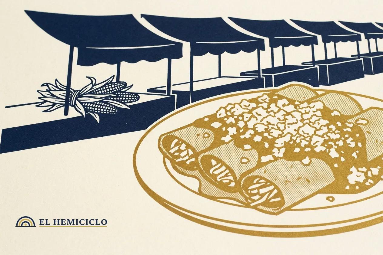 Ilustración de El Hemiciclo · el plato de enchiladas y el maíz de la feria de Iztapalapa
