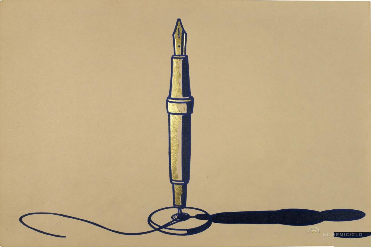 Pluma estilográfica con tinta y sombra sobre fondo beige, símbolo de escritura y opinión