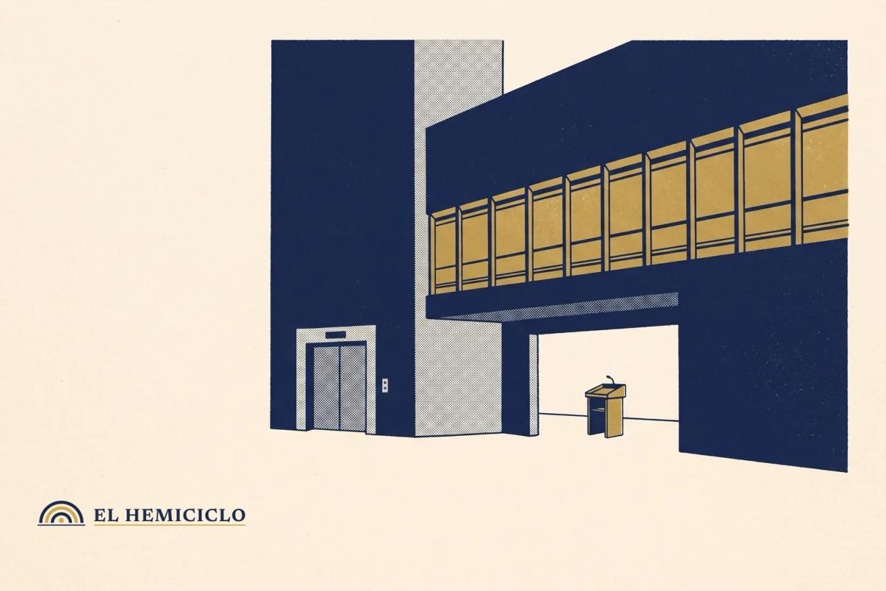 Ilustración de El Hemiciclo · la fachada de San Lázaro y sus puertas de elevador