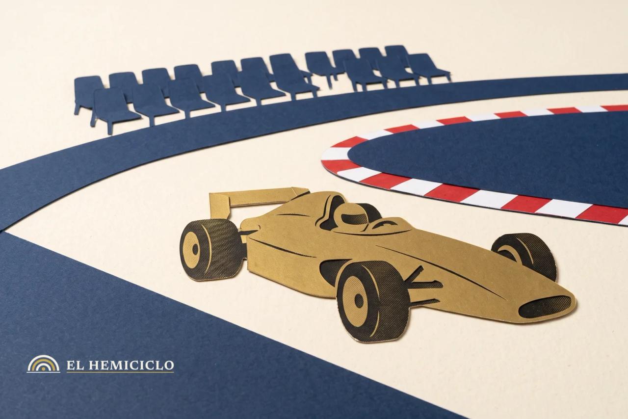 Ilustración de El Hemiciclo · el monoplaza y el trazado de circuito sin marcas