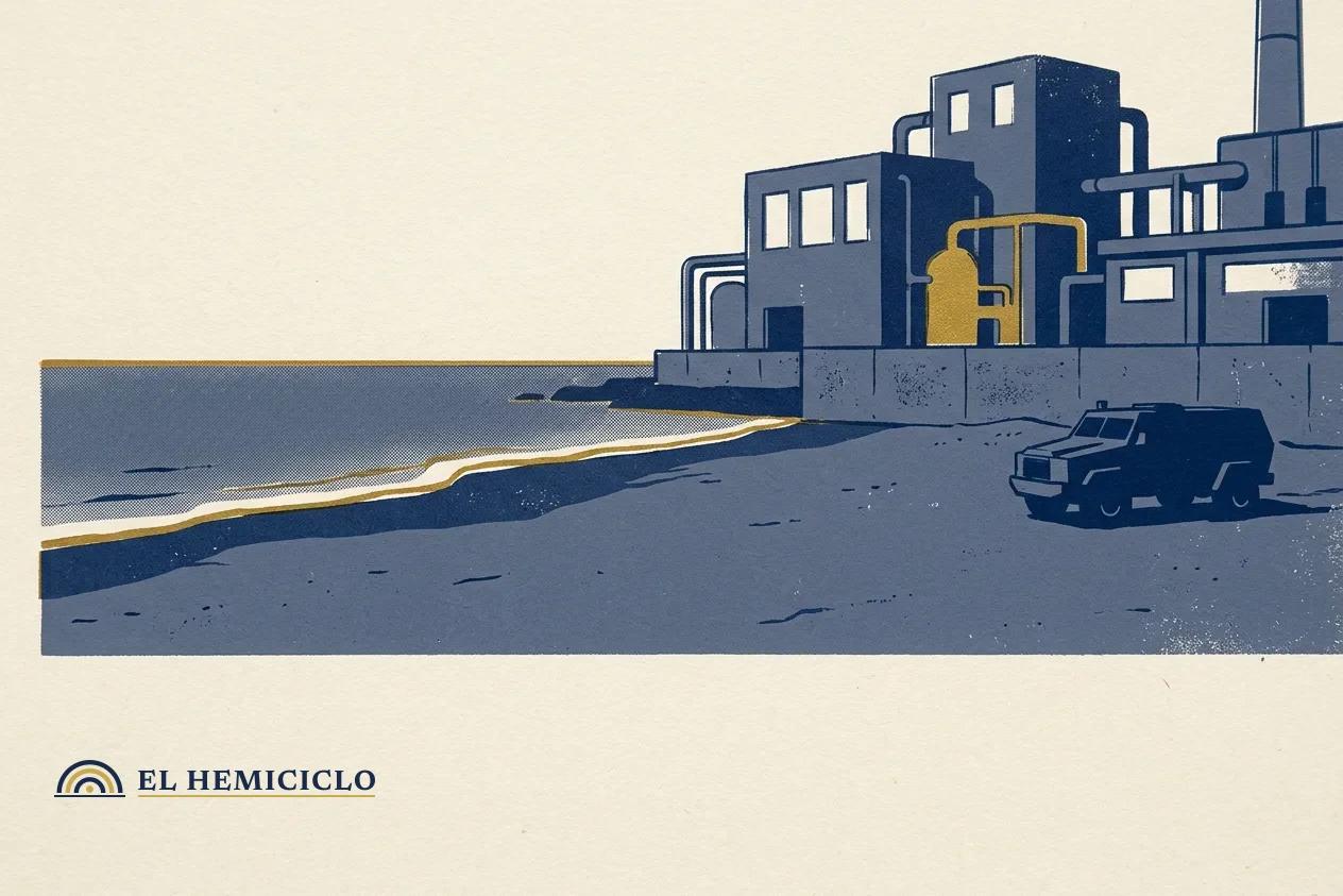 Ilustración de El Hemiciclo · la playa del Trampolín vacía junto a la desalinizadora