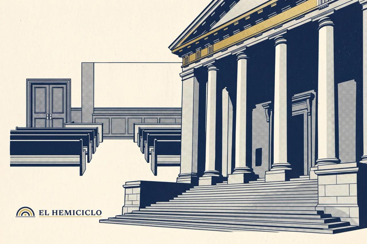 Ilustración de El Hemiciclo · la fachada en calma del Tribunal Superior de Glasgow