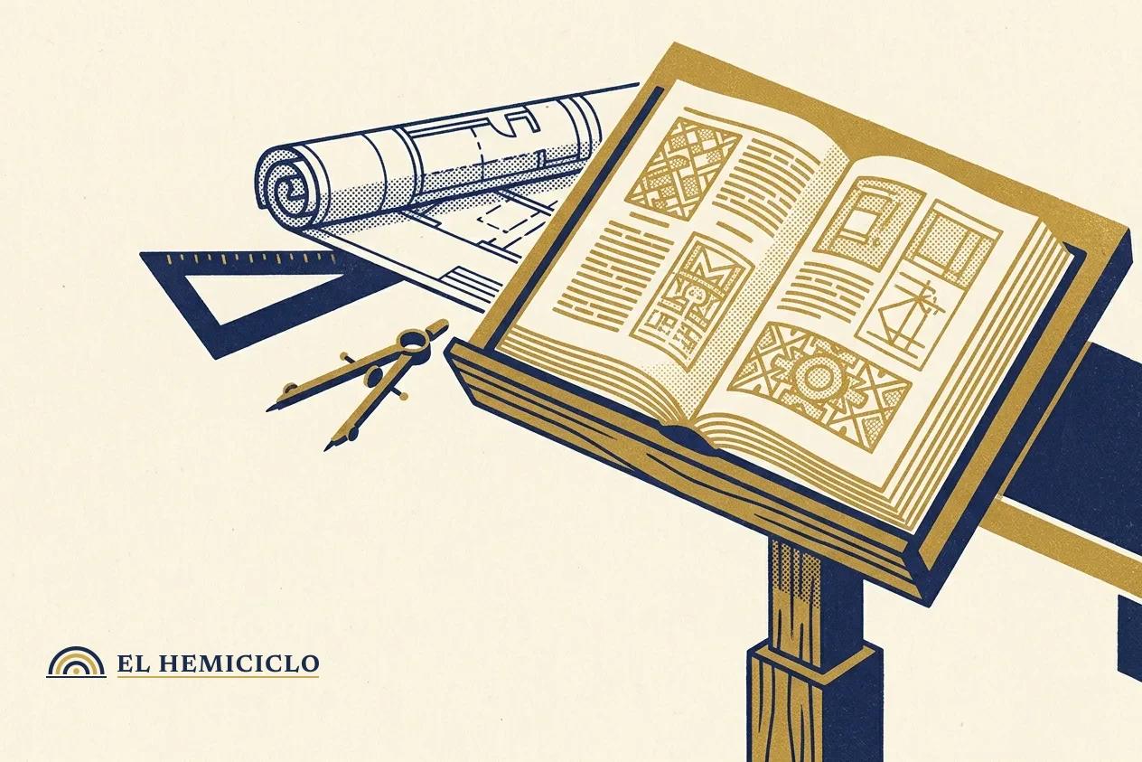 Ilustración de El Hemiciclo · el libro de conversaciones y los planos de arquitectura