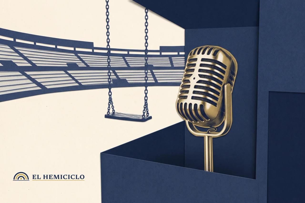Ilustración de El Hemiciclo · el micrófono de Es Radio y el columpio de la polémica