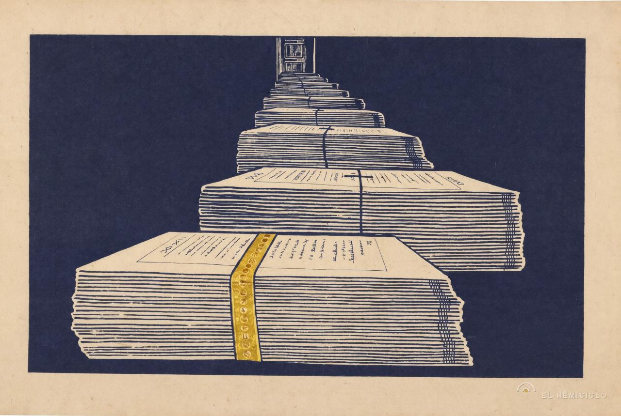 Pirámide de libros y documentos apilados sobre fondo azul, con marcas amarillas; simboliza acumulación de escritos legales