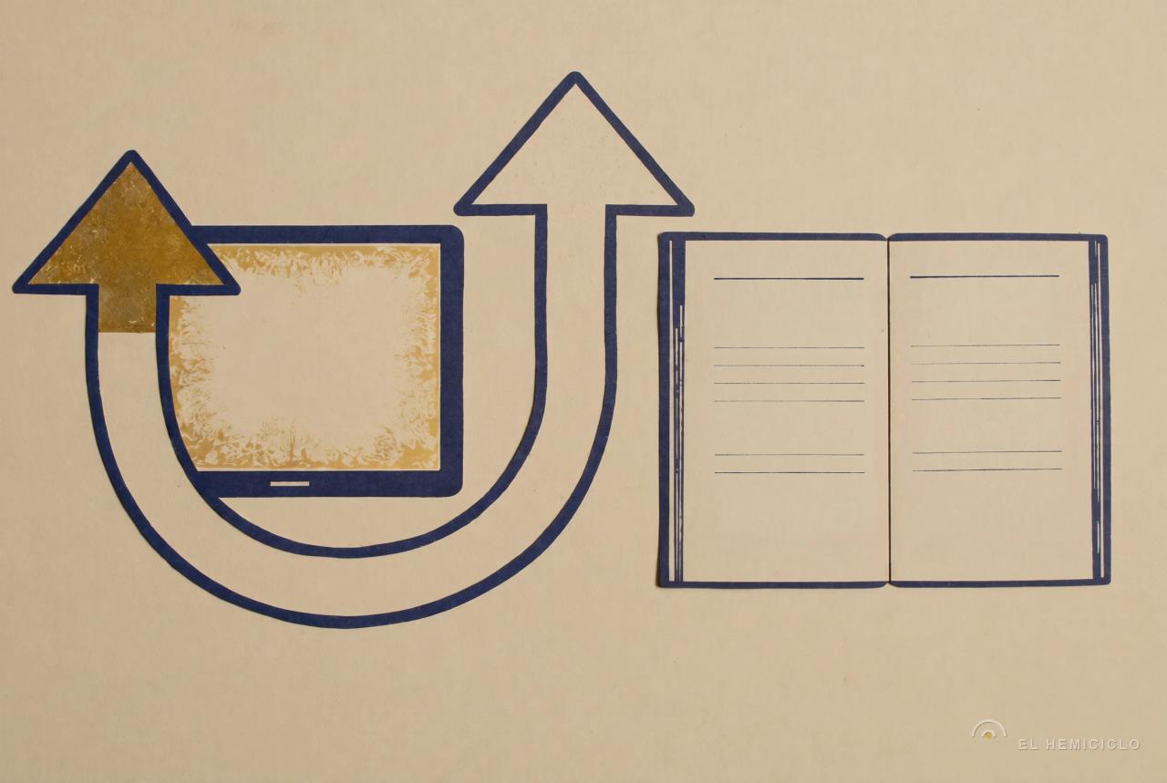 Dibujo esquemático con flechas ascendentes, una pantalla y un libro abierto sobre fondo beige, simbolizando evolución