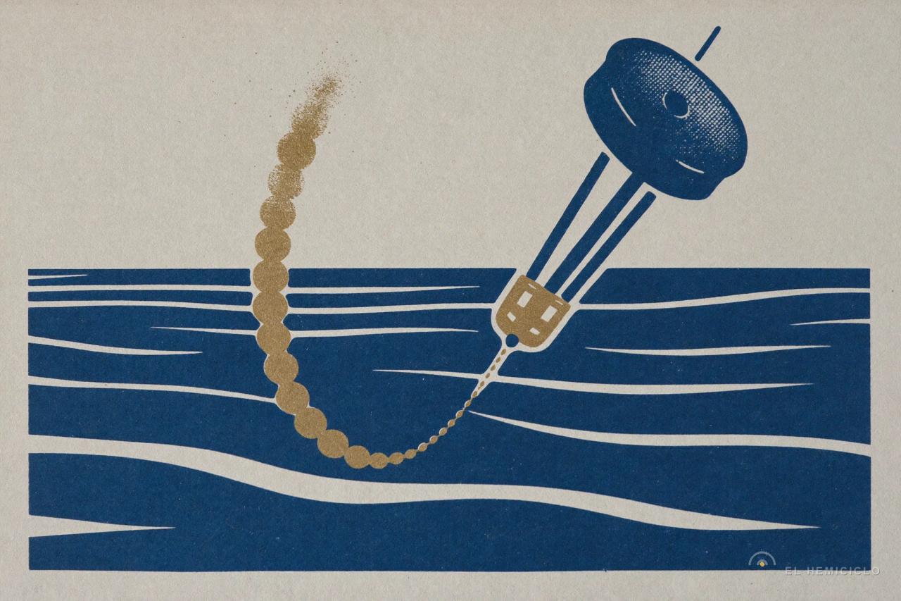 Ilustración de un dispositivo submarino azul y dorado conectado a una cuerda que desciende en capas de agua marina